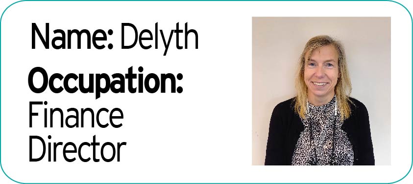 Name badge for Delyth, Finance Director